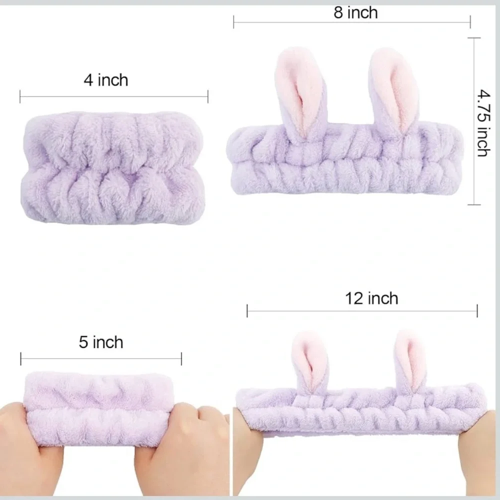 Pink Bunny Ear Spa Headband & Wristbands Set Face Washing Skincare Makeup, [New]